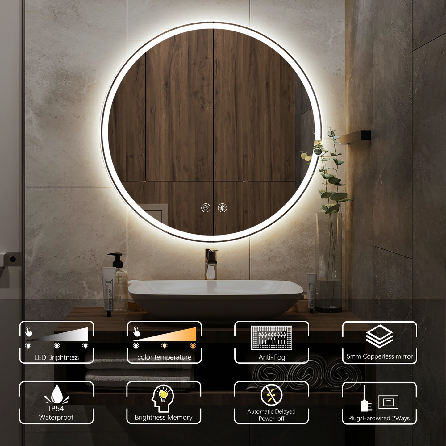 Round 28 inch LED Bathroom Mirror with Lights