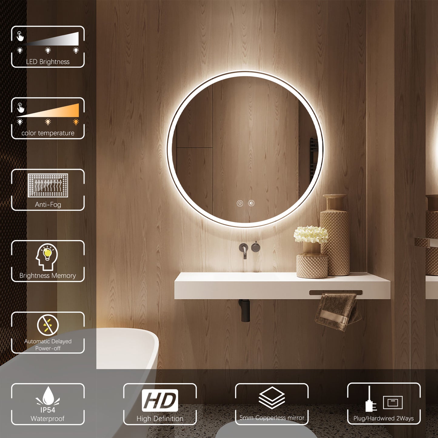 Round 24 inch LED Bathroom Mirror with Lights